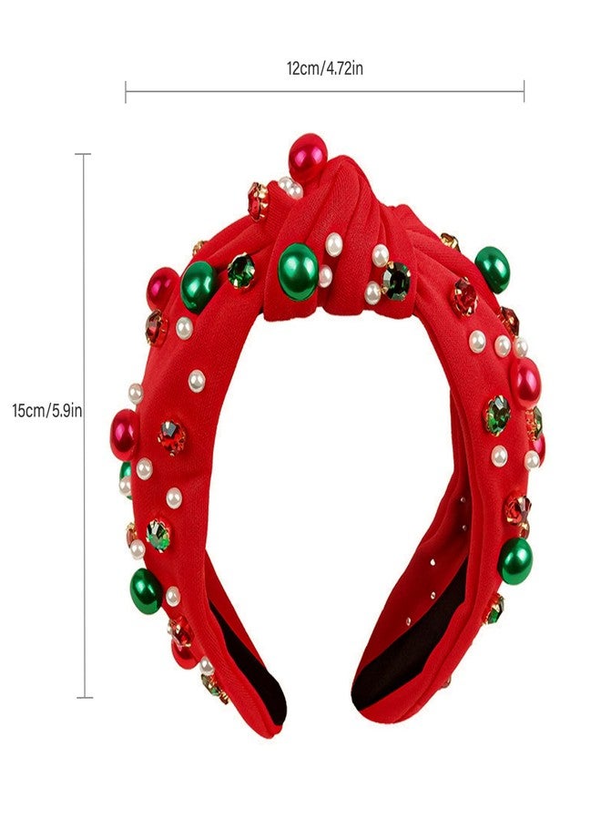 Sokfone Women's Pearl Knotted Headband - Top Knot Holiday Headband, Red and Green Pearl Rhinestone Crystal Gem Hairband, Christmas Topper Gift - Image 3